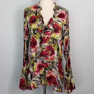 Sheer Long Sleeve Floral Blouse with Pleated and Ruffled Design Size L